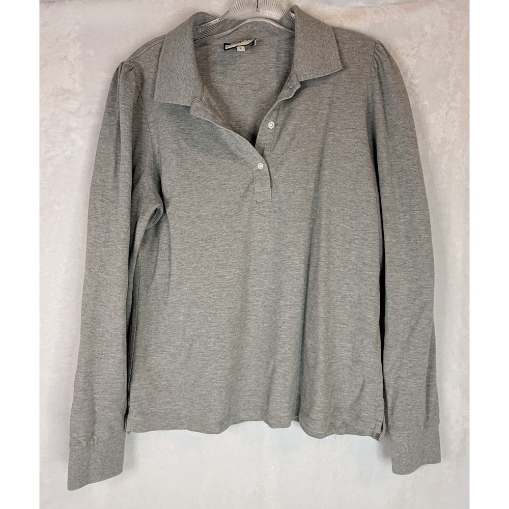 Tuckernuck Peggy Polo Gray Pique Puff Sleeve Long Sleeve Shirt Women's L $97